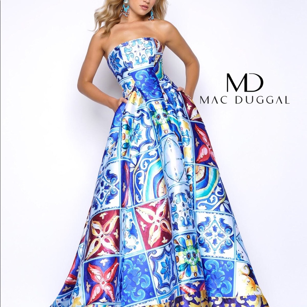 Mac Duggal Italian Island Blue Print Prom Dress